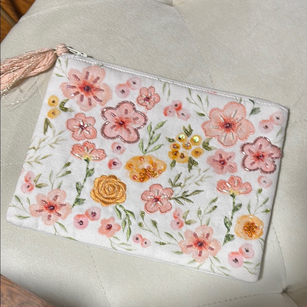 Floral Embroidered Clutch - White and Pink